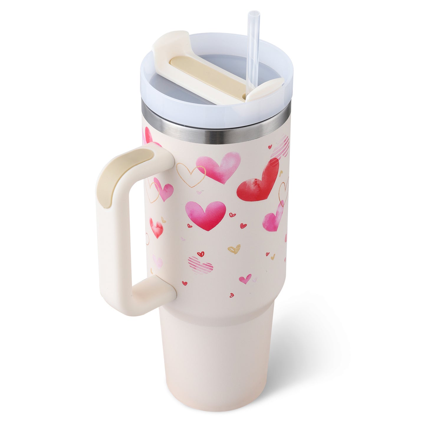 Vaso con asa, pajita aislante, de acero inoxidable, a prueba de derrames, taza de café al vacío con tapa, taza cónica.