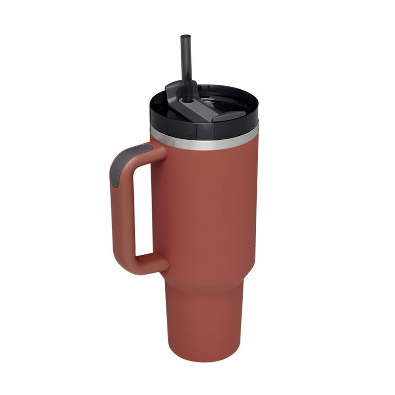 Vaso con asa, pajita aislante, de acero inoxidable, a prueba de derrames, taza de café al vacío con tapa, taza cónica.