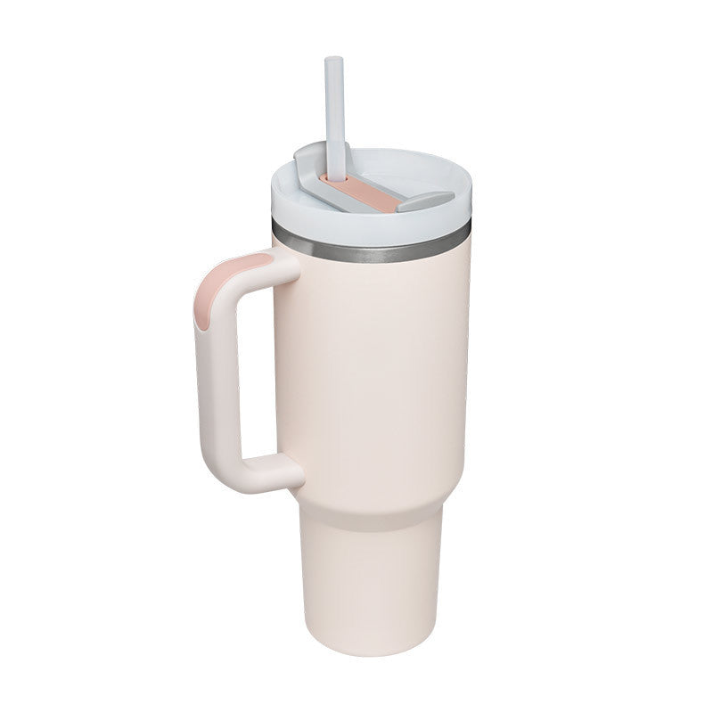 Vaso con asa, pajita aislante, de acero inoxidable, a prueba de derrames, taza de café al vacío con tapa, taza cónica.