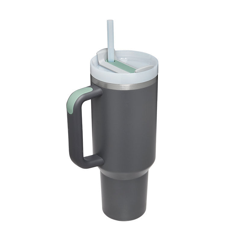 Vaso con asa, pajita aislante, de acero inoxidable, a prueba de derrames, taza de café al vacío con tapa, taza cónica.