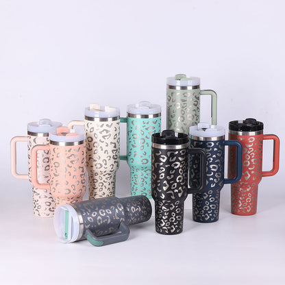 Vaso con asa, pajita aislante, de acero inoxidable, a prueba de derrames, taza de café al vacío con tapa, taza cónica.