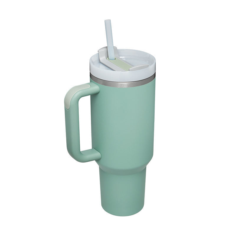 Vaso con asa, pajita aislante, de acero inoxidable, a prueba de derrames, taza de café al vacío con tapa, taza cónica.
