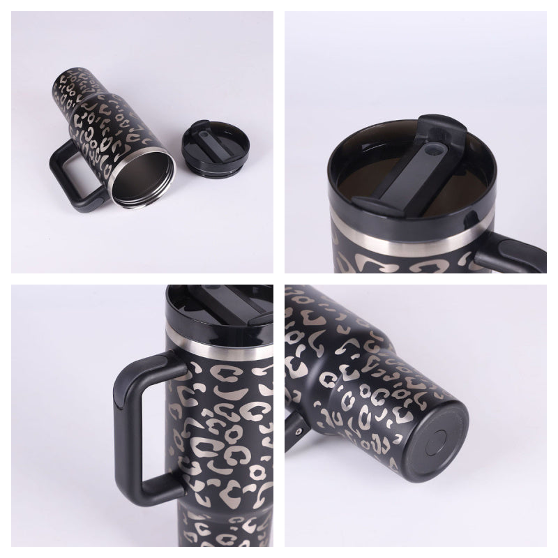 Vaso con asa, pajita aislante, de acero inoxidable, a prueba de derrames, taza de café al vacío con tapa, taza cónica.
