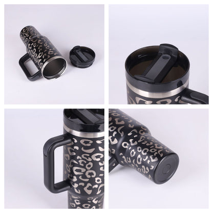 Vaso con asa, pajita aislante, de acero inoxidable, a prueba de derrames, taza de café al vacío con tapa, taza cónica.